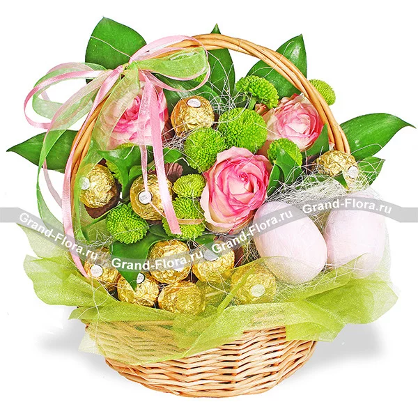 Праздник Пасхи - букет из роз и хризантем + конфеты